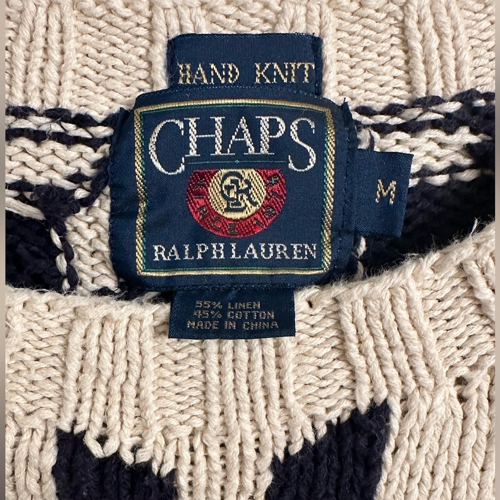 Vintage Chaps Ralph Lauren Hand-Knit Fair Isle Reindeer Sweater M Linen Cotton - Picture 8 of 9